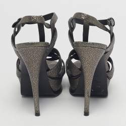 Pre Owned Saint Laurent Grey/Gold Leather Tribute Platform Sandals Size 39