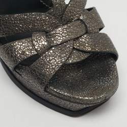 Pre Owned Saint Laurent Grey/Gold Leather Tribute Platform Sandals Size 39