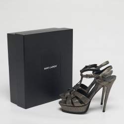 Pre Owned Saint Laurent Grey/Gold Leather Tribute Platform Sandals Size 39