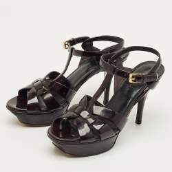 Pre Owned Saint Laurent Burgundy Patent Leather Tribute Ankle Strap Sandals Size 37.5