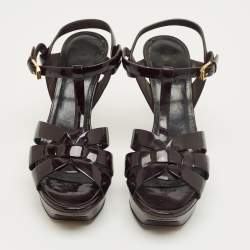 Pre Owned Saint Laurent Burgundy Patent Leather Tribute Ankle Strap Sandals Size 37.5