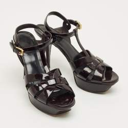 Pre Owned Saint Laurent Burgundy Patent Leather Tribute Ankle Strap Sandals Size 37.5