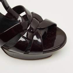 Pre Owned Saint Laurent Burgundy Patent Leather Tribute Ankle Strap Sandals Size 37.5