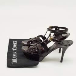Pre Owned Saint Laurent Burgundy Patent Leather Tribute Ankle Strap Sandals Size 37.5