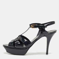 Pre Owned Saint Laurent Navy Blue Patent Leather Tribute Platform Sandals Size 40