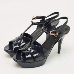 Pre Owned Saint Laurent Navy Blue Patent Leather Tribute Platform Sandals Size 40