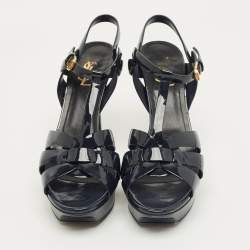 Pre Owned Saint Laurent Navy Blue Patent Leather Tribute Platform Sandals Size 40