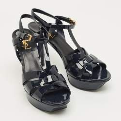 Pre Owned Saint Laurent Navy Blue Patent Leather Tribute Platform Sandals Size 40