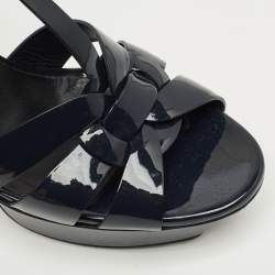 Pre Owned Saint Laurent Navy Blue Patent Leather Tribute Platform Sandals Size 40