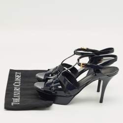 Pre Owned Saint Laurent Navy Blue Patent Leather Tribute Platform Sandals Size 40