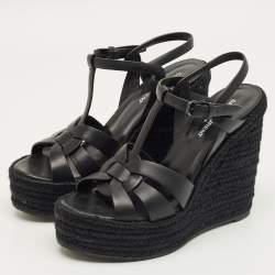 مملوكة مسبقًا Saint Laurent Black Leather Tribute Espadrille Wedge Sandals Size 39