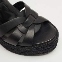 مملوكة مسبقًا Saint Laurent Black Leather Tribute Espadrille Wedge Sandals Size 39