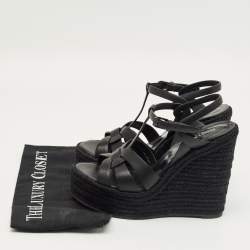 مملوكة مسبقًا Saint Laurent Black Leather Tribute Espadrille Wedge Sandals Size 39