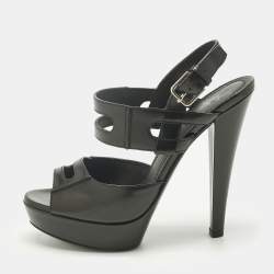 Pre Owned Saint Laurent Black Leather Double Cutout Strap Ankle Strap Sandals Size 36.5