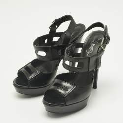 Pre Owned Saint Laurent Black Leather Double Cutout Strap Ankle Strap Sandals Size 36.5