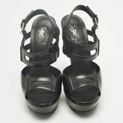 Pre Owned Saint Laurent Black Leather Double Cutout Strap Ankle Strap Sandals Size 36.5