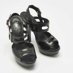 Pre Owned Saint Laurent Black Leather Double Cutout Strap Ankle Strap Sandals Size 36.5