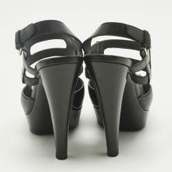 Pre Owned Saint Laurent Black Leather Double Cutout Strap Ankle Strap Sandals Size 36.5
