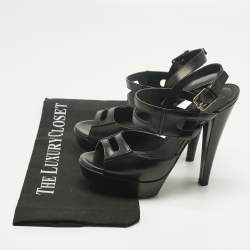 Pre Owned Saint Laurent Black Leather Double Cutout Strap Ankle Strap Sandals Size 36.5