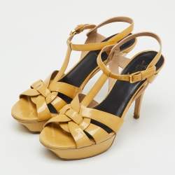 Pre Owned Saint Laurent Beige Patent Leather Tribute Platform Sandals Size 39