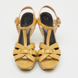 Pre Owned Saint Laurent Beige Patent Leather Tribute Platform Sandals Size 39