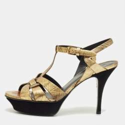 Pre Owned Saint Laurent Gold Eel Leather Tribute Platform Sandals Size 37