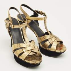 Pre Owned Saint Laurent Gold Eel Leather Tribute Platform Sandals Size 37