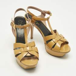 Pre Owned Saint Laurent Yellow Patent Leather Tribute Ankle Strap Sandals Size 38