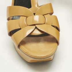 Pre Owned Saint Laurent Yellow Patent Leather Tribute Ankle Strap Sandals Size 38
