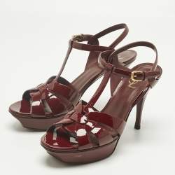 Pre Owned Saint Laurent Burgundy Patent Leather Tribute Platform Sandals Size 41