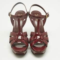Pre Owned Saint Laurent Burgundy Patent Leather Tribute Platform Sandals Size 41