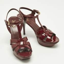 Pre Owned Saint Laurent Burgundy Patent Leather Tribute Platform Sandals Size 41