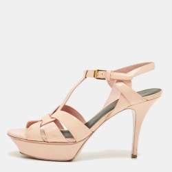 Pre Owned Saint Laurent Beige Patent Leather Tribute Platform Sandals Size 39.5
