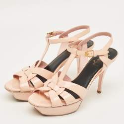 Pre Owned Saint Laurent Beige Patent Leather Tribute Platform Sandals Size 39.5