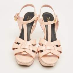 Pre Owned Saint Laurent Beige Patent Leather Tribute Platform Sandals Size 39.5