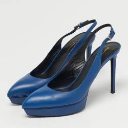 Pre Owned Saint Laurent Blue Leather Platform Slingback Pumps Size 40