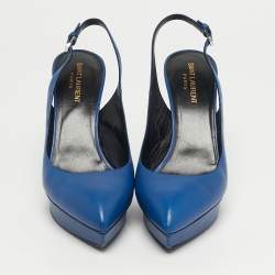 Pre Owned Saint Laurent Blue Leather Platform Slingback Pumps Size 40