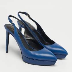 Pre Owned Saint Laurent Blue Leather Platform Slingback Pumps Size 40