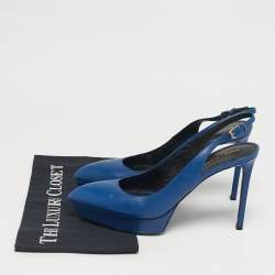 Pre Owned Saint Laurent Blue Leather Platform Slingback Pumps Size 40