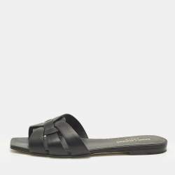 Pre Owned Saint Laurent Black Leather Tribute Flat Sandals Size 37.5
