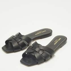 Pre Owned Saint Laurent Black Leather Tribute Flat Sandals Size 37.5
