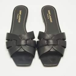 Pre Owned Saint Laurent Black Leather Tribute Flat Sandals Size 37.5