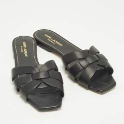 Pre Owned Saint Laurent Black Leather Tribute Flat Sandals Size 37.5