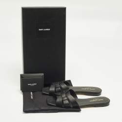 Pre Owned Saint Laurent Black Leather Tribute Flat Sandals Size 37.5