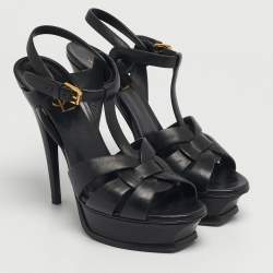 Pre Owned Saint Laurent Black Leather Platform Sandals Size 37.5