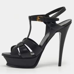 Pre Owned Saint Laurent Black Leather Platform Sandals Size 37.5