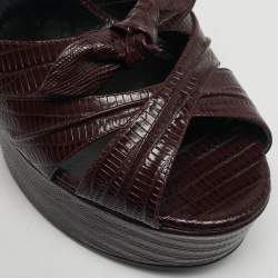 Pre Owned Saint Laurent Burgundy Lizard Embossed Leather Candy Platform Ankle Strap Sandals Size 40.5