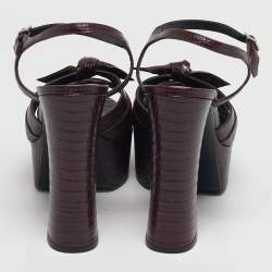 Pre Owned Saint Laurent Burgundy Lizard Embossed Leather Candy Platform Ankle Strap Sandals Size 40.5