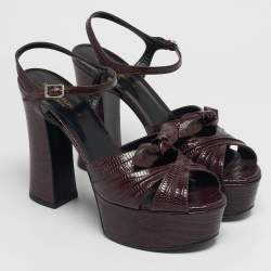 Pre Owned Saint Laurent Burgundy Lizard Embossed Leather Candy Platform Ankle Strap Sandals Size 40.5