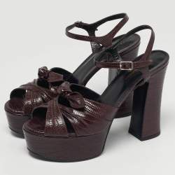 Pre Owned Saint Laurent Burgundy Lizard Embossed Leather Candy Platform Ankle Strap Sandals Size 40.5
